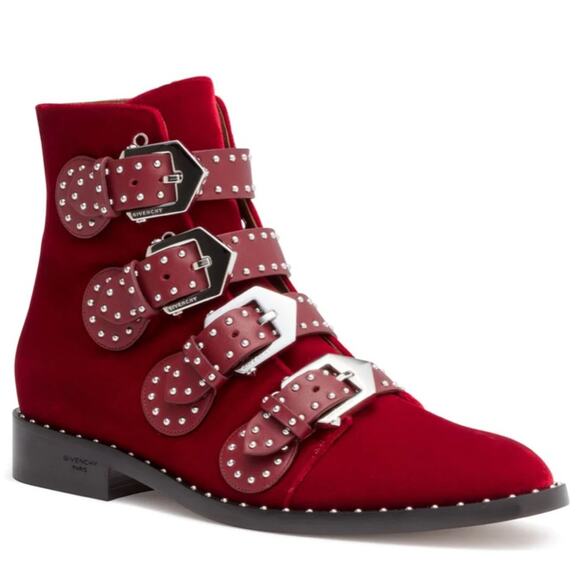 NWB GIVENCHY Elegant Flat Dark Red Ankle Boot WINE SZ 40 studded buckle - Picture 1 of 7
